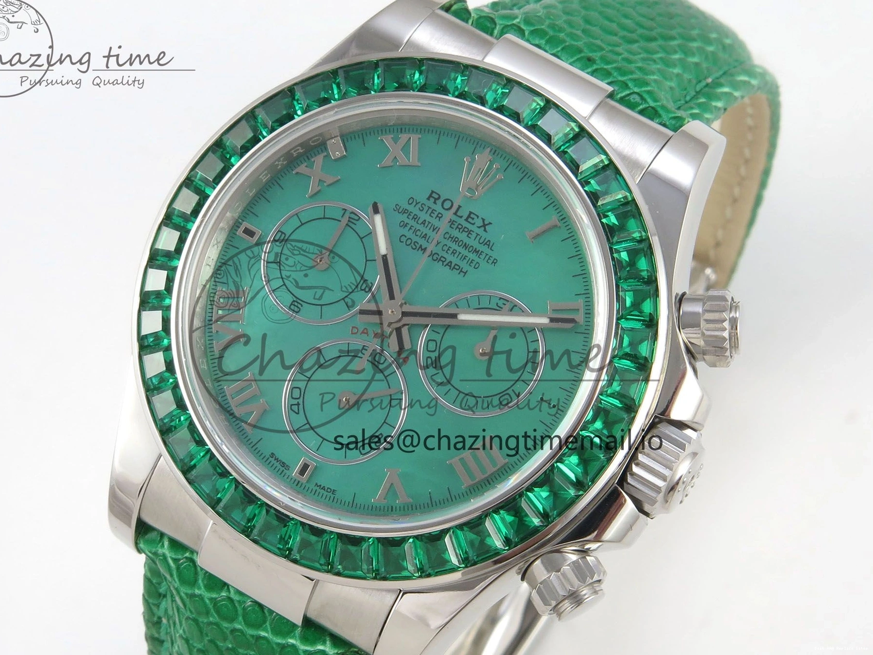 Good Copy Rolex Watches Diamonds Green MPF 40mm Bezel Green Leather 326 Custom Strap Dial FreshLook Modded Daytona on SA 0110